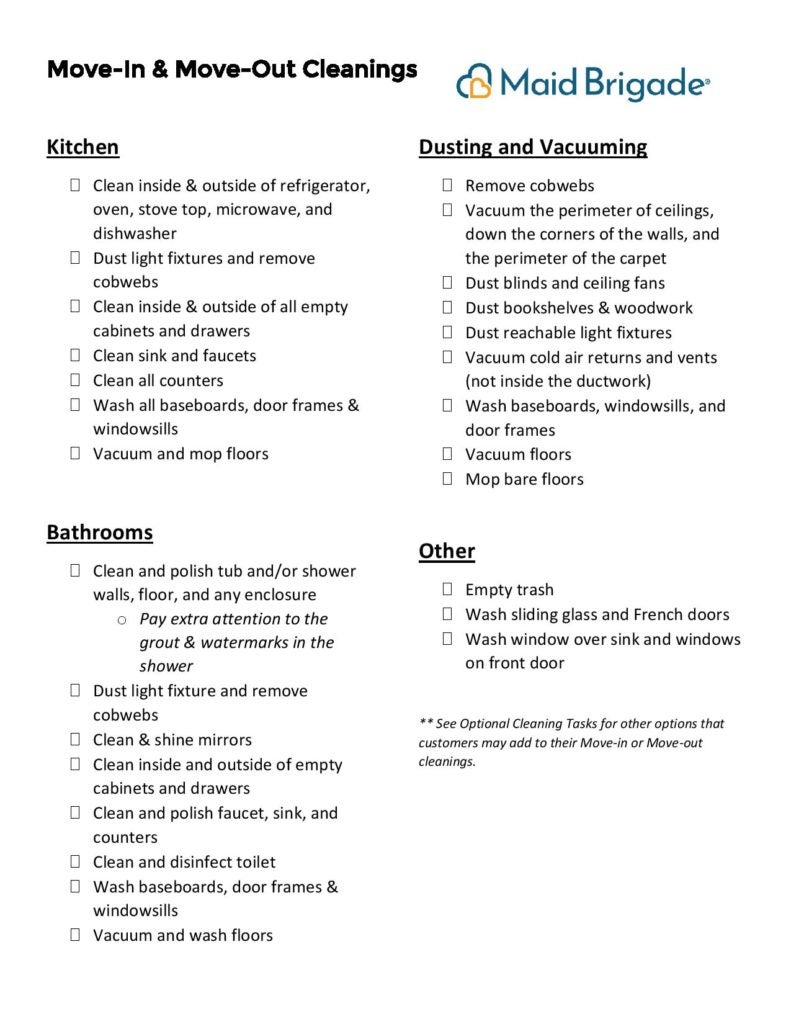 Cleaning List Rockville (Move in/Move out)