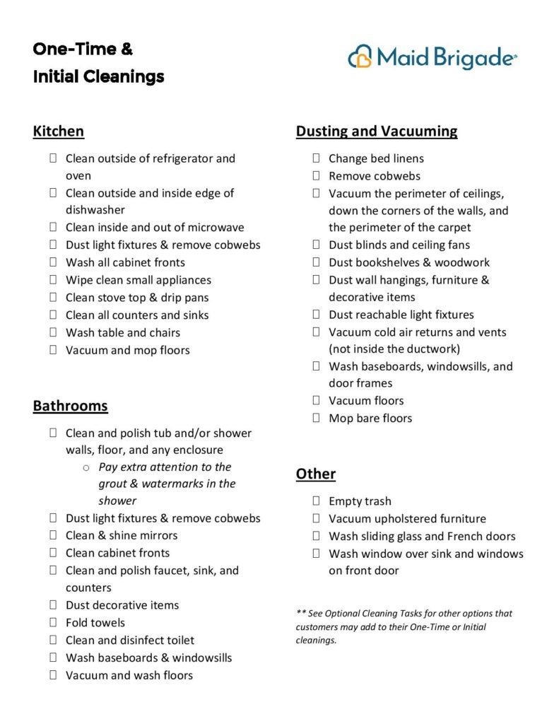 Cleaning List Rockville (One-Time or Initial)
