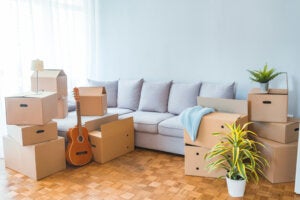 boxes packed in living room for moving out
